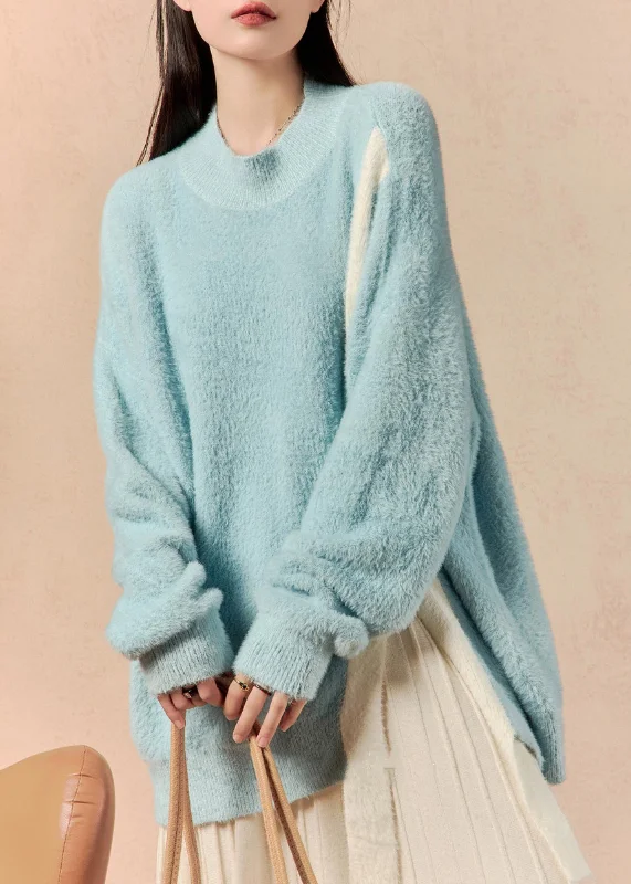 Personalized Design Loose Blue Asymmetrical Front Open Mink Hair Knitted Sweater Winter