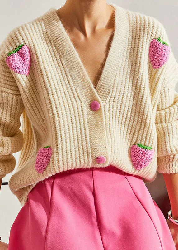 Cozy Outfit Women Beige V Neck Hook Flower Knit Cardigan Fall