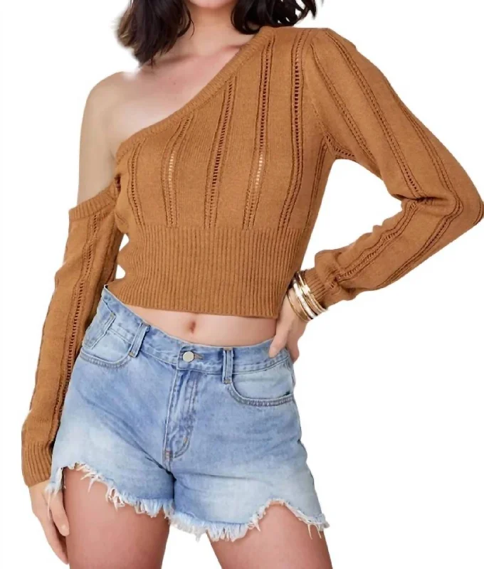 Must-have For Fashion Kendra Pointelle Knit One-Shoulder Sweater Top In Toffee