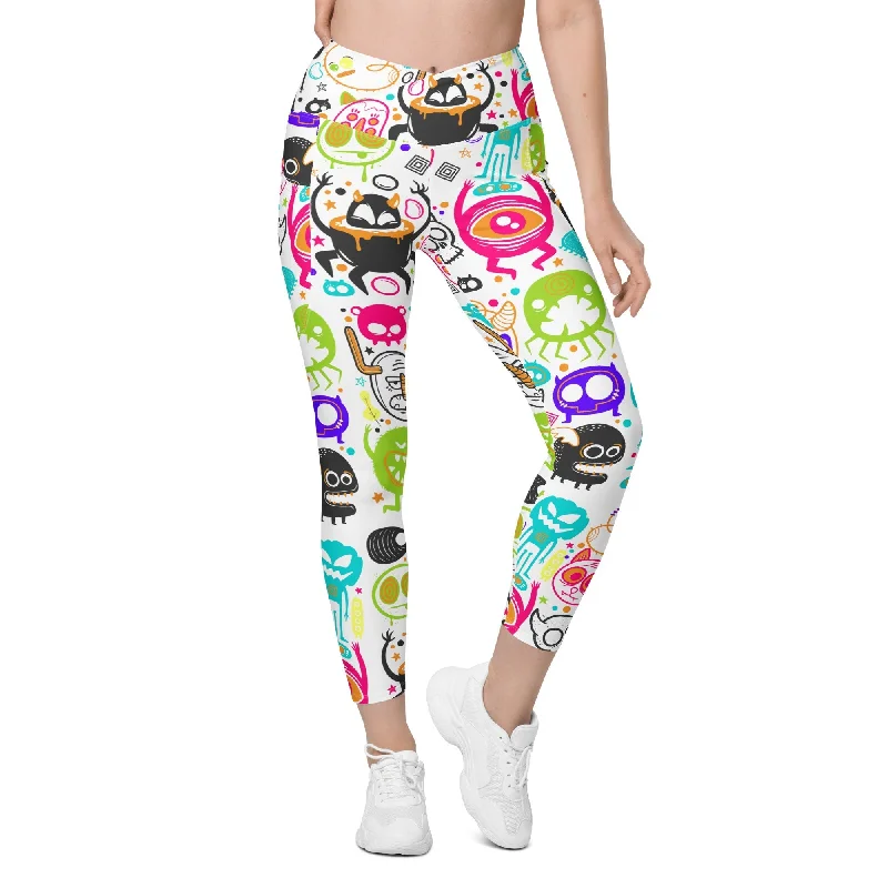 High-end Fabrics Colorful Doodles Crossover Leggings With Pockets