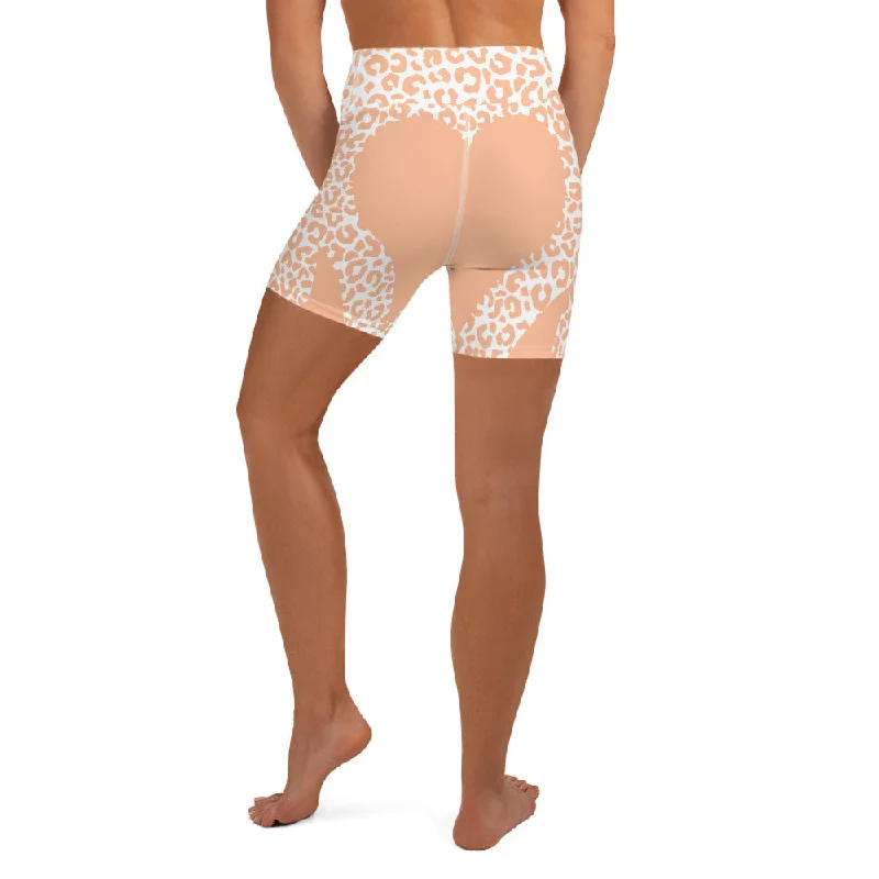 Thin Design Peach Leopard Heart Shaped Yoga Shorts