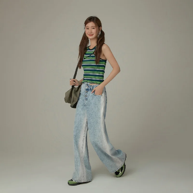 Simple Design Multi-Button Waist Slit Washed Denim Jeans