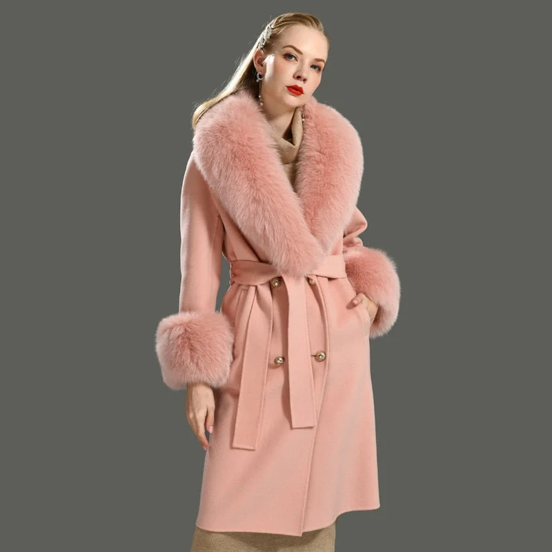 Comfortable Fitwear Women's Peach Cashmere Wool Natural Fox Fur Collar Long Winter Jacket