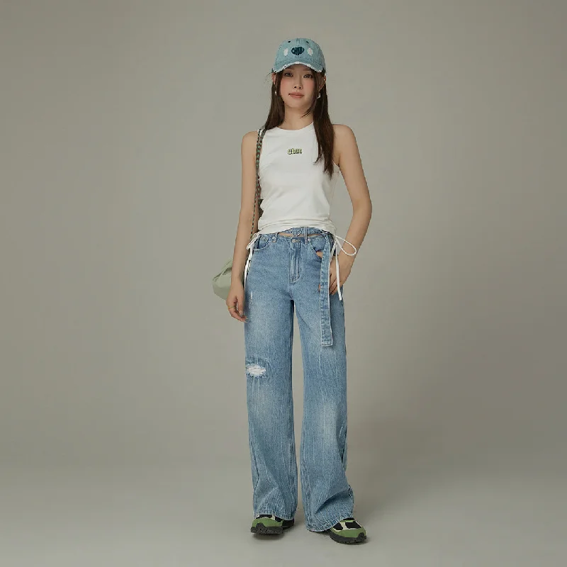 Editorial Design Heart Belt Waist Slit Ripped Denim Jeans