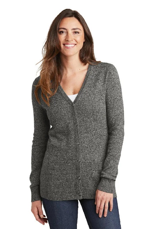 Versatile Comfort Port Authority Womens Long Sleeve Cardigan Sweater - Warm Grey Marl - Closeout