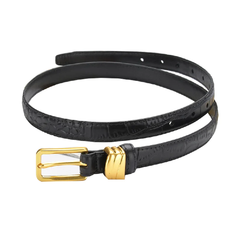 Must-have For Autumn And Winter Genuine leather with Crocodile pattern pin buckle thin belt jeans belt for women (Black)