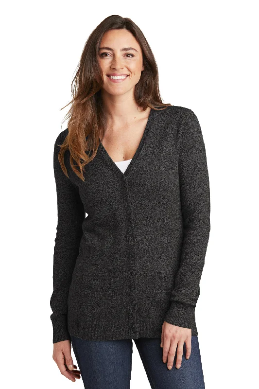 Soft Textures Port Authority Womens Long Sleeve Cardigan Sweater - Black Marl - Closeout