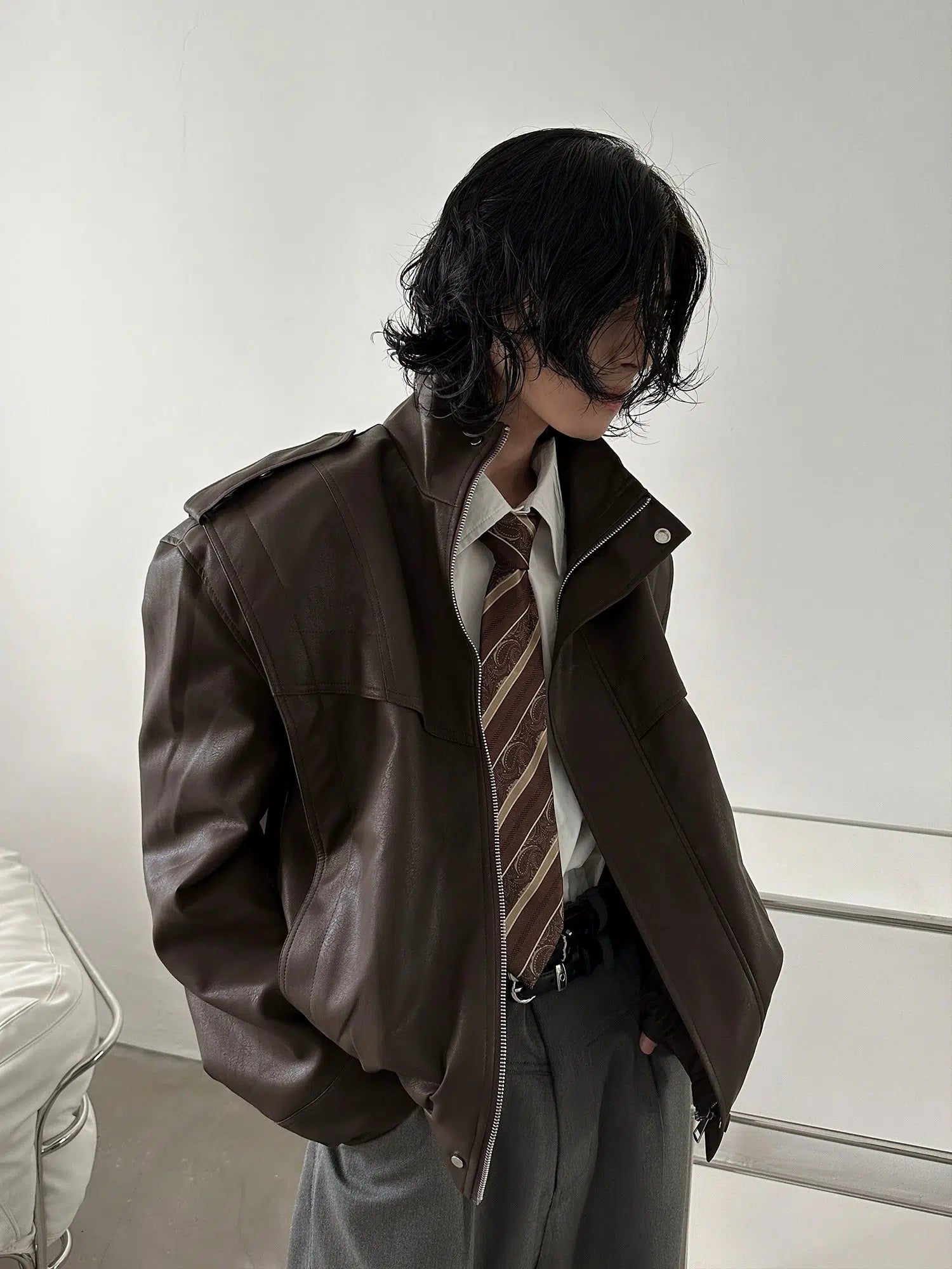Casual Fit Leather Zipper Jacket