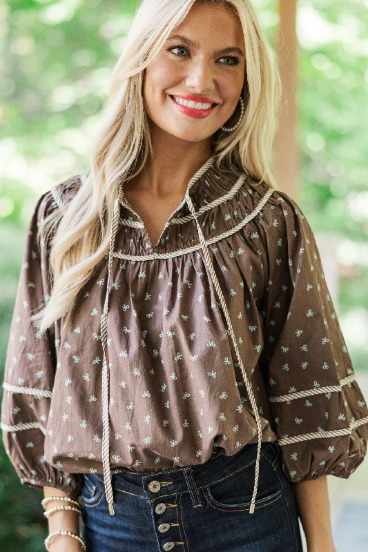 Stylish Comfort Can't Lose You Brown Bow Print Blouse