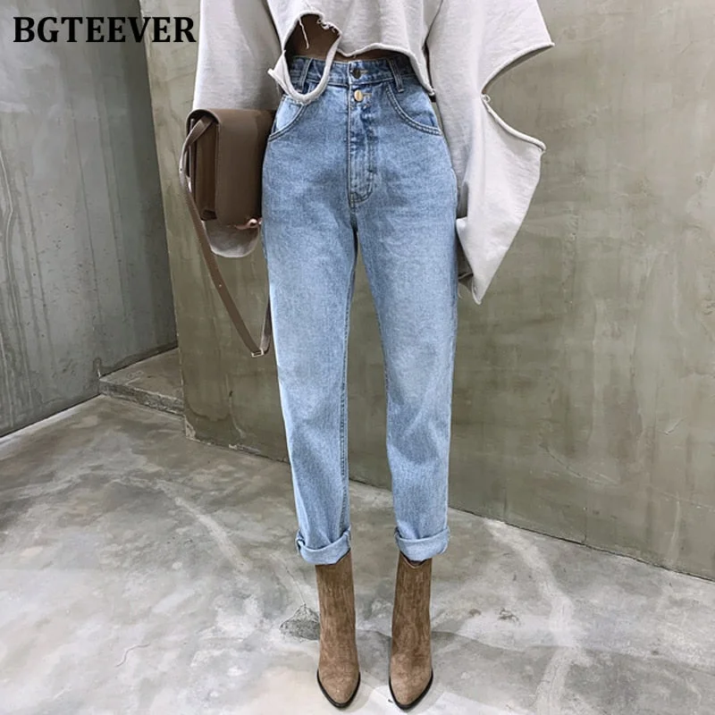 High-quality Styles BGTEEVER Vintage High Waist Straight Jeans Pant for Women Streetwear Loose Female Denim Jeans Buttons Zipper Ladies Jeans 2020
