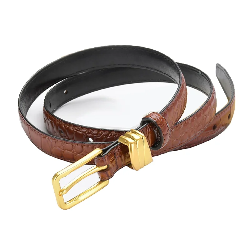 Personalized Series Genuine leather with Crocodile pattern pin buckle thin belt jeans belt for women (Dark Brown)