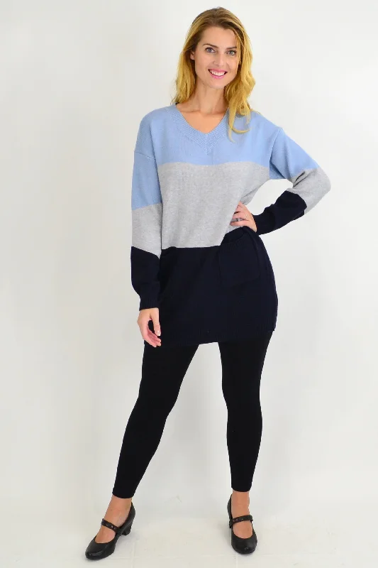 Sporty Elegance Blue V neck Woolly Winter Tunic Jumper
