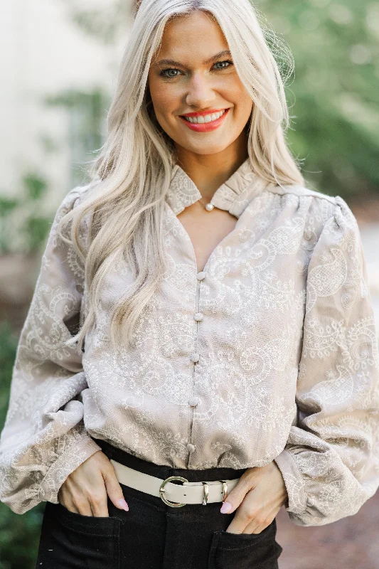 Fresh Comfort In Your Feelings Taupe Embroidered Paisley Blouse