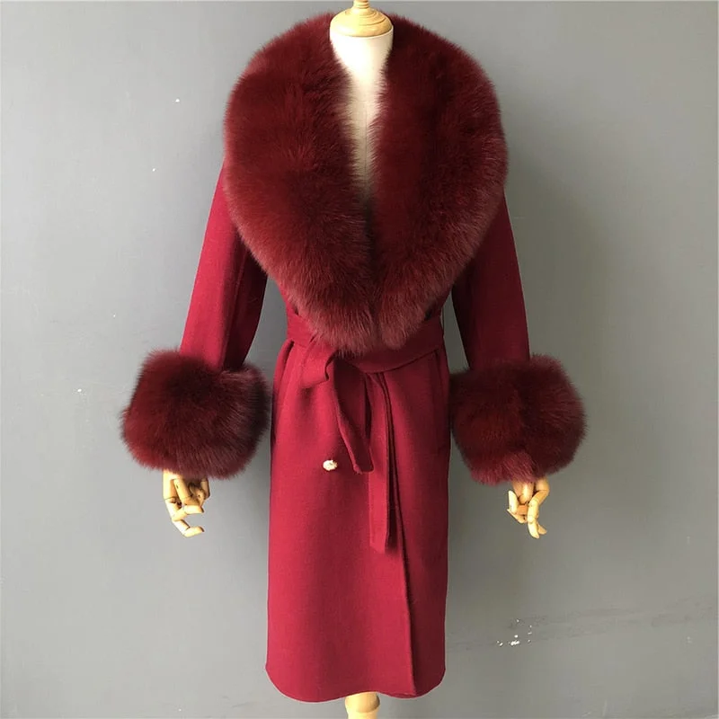 Relaxed Fit Wear Women's Burgundy Cashmere Wool Blends Fox Fur Collar Long Winter Jacket