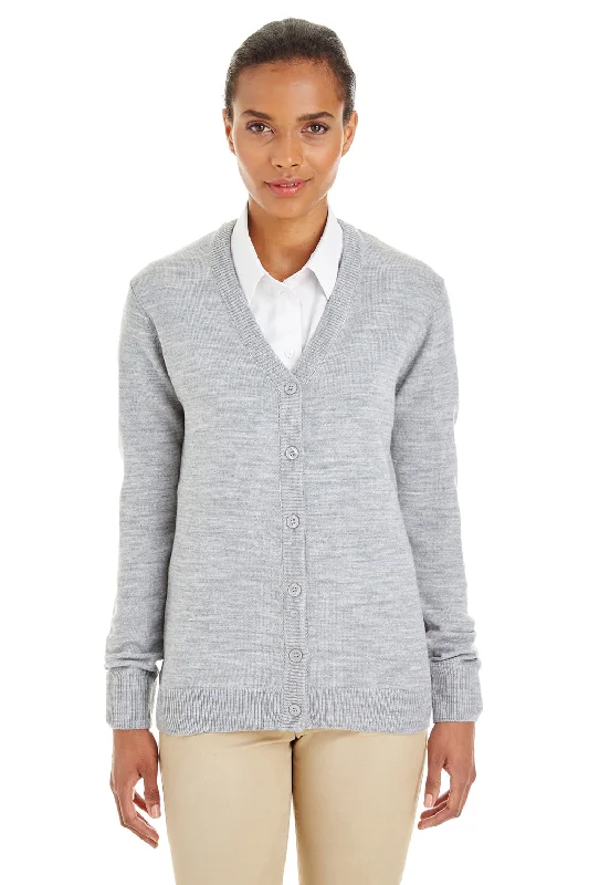 Relaxed Style Harriton Womens Pilbloc Pill Resistant Button Down Lone Sleeve Cardigan Sweater - Heather Grey
