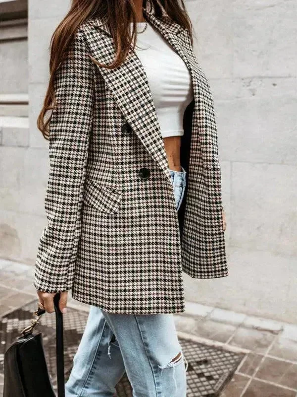 Relaxed Weekend Wear Plaid Double-Breasted Women Coat