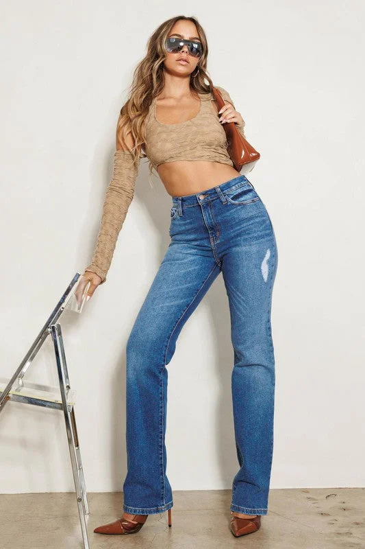 Celebrity Style High Rise Subtle Distressed Straight Jeans