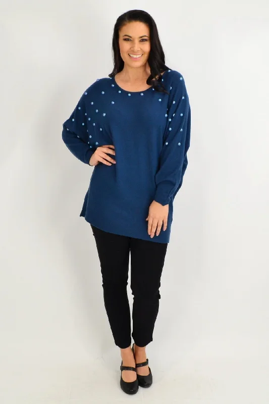 Trendy Comfort Teal Girls Pearls Tunic Jumper