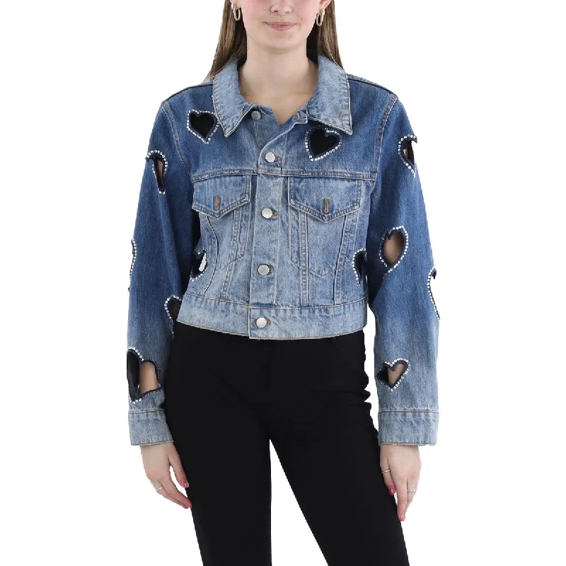 Sporty Comfort Alice and Olivia Womens Jeff Cropped Embellished Denim Jacket