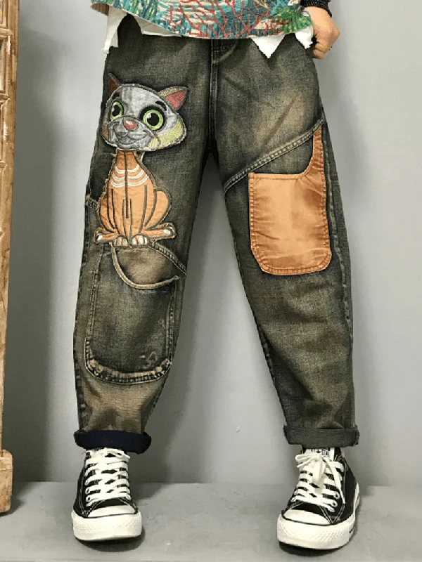 High Street Design Women Cat Embroidery Patchwork Mid Waist Loose Denim Harem Jeans