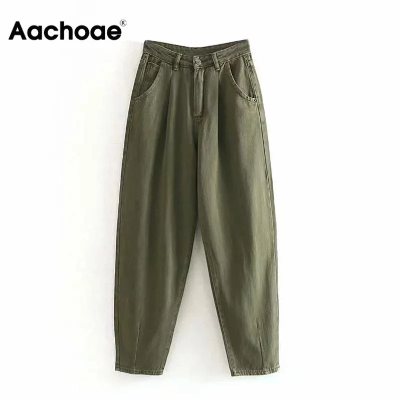 Multifunctional Style Aachoae Women Streetwear Pleated Mom Jeans High Waist Loose Slouchy Jeans Pockets Boyfriend Pants Casual Ladies Denim Trousers
