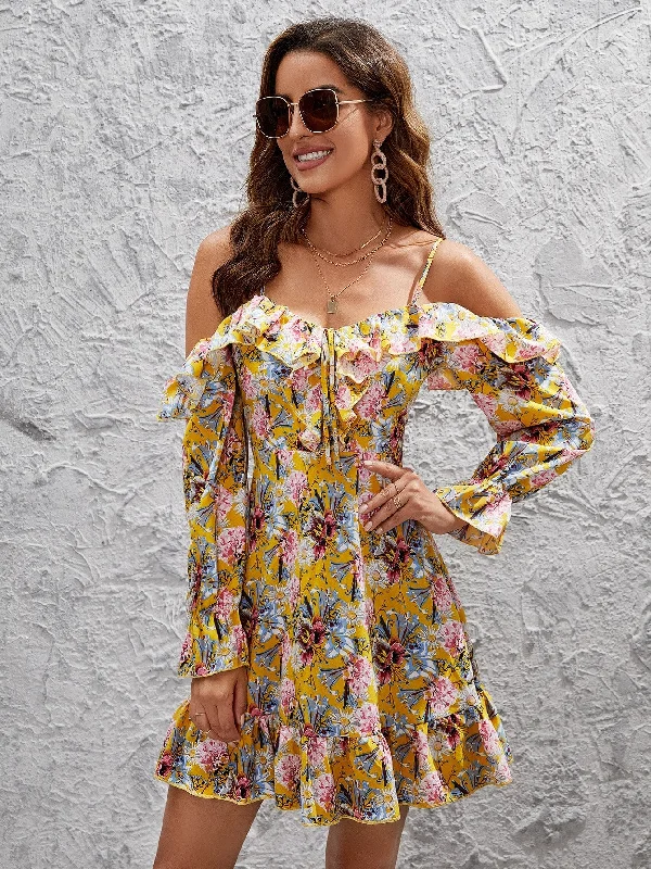 Cozy Outfit All Over Print Knot Long Sleeve Cold Shoulder Semi-Sheer Flounce High Waist Short Dress Cozy Outfit All Over Print Knot Long Sleeve Cold Shoulder Semi-Sheer Flounce High Waist Short Dress
