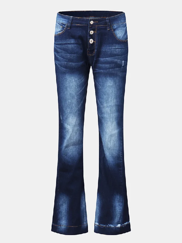 Floral Prints Women Pocket Button Denim Casual Bell-Bottoms Jeans
