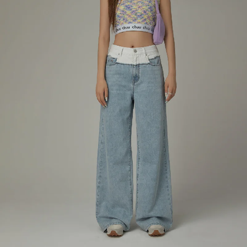 Fashion Innovation White Cotton Waist Wide Straight Jeans