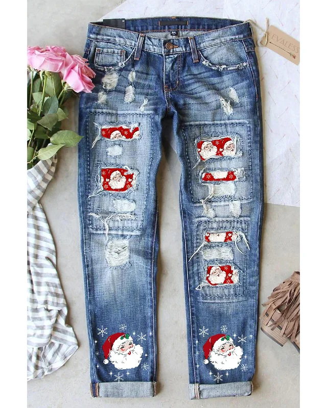 Quality Tailoring Azura Exchange Santa Claus Patchwork Distressed Boyfriend Jeans - 6 US