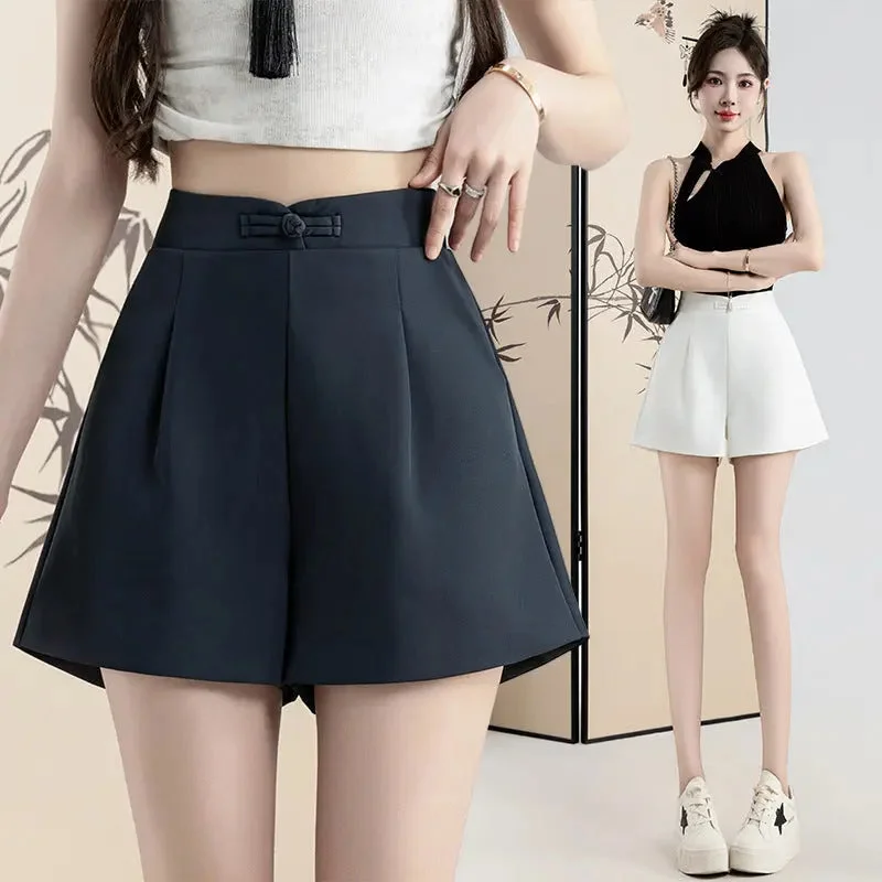Classic Items Buckle High Waisted Casual Wide Leg Shorts