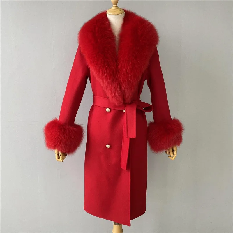 Soft Tops Women's Red Cashmere Wool Blends Natural Fox Fur Collar Long Winter Jacket