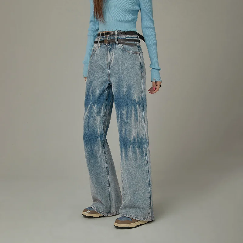 New Season Series Double Belted Washed Straight Wide Jeans