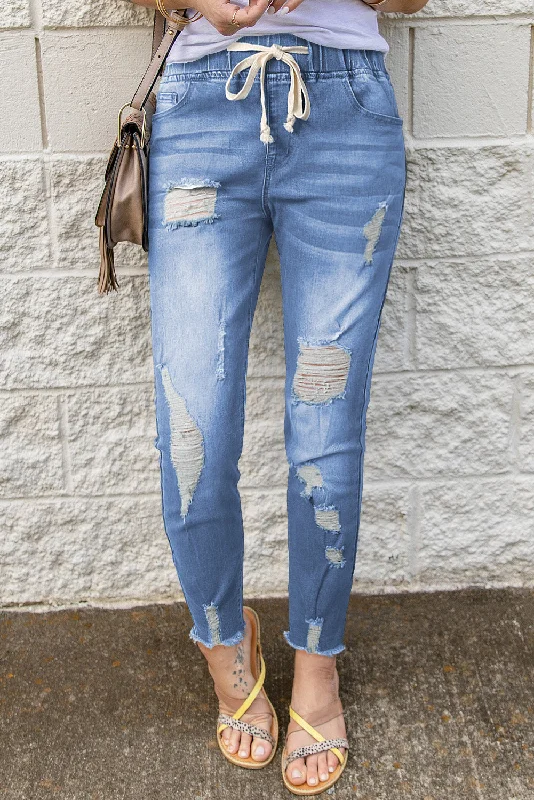 Fashion Design Drawstring Distressed Raw Hem Jeans with Pockets