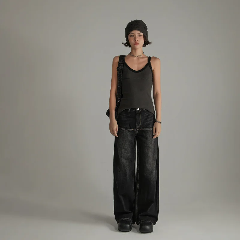 Breathable Design High Waist Loose Wide Leg Washed Wide Jeans