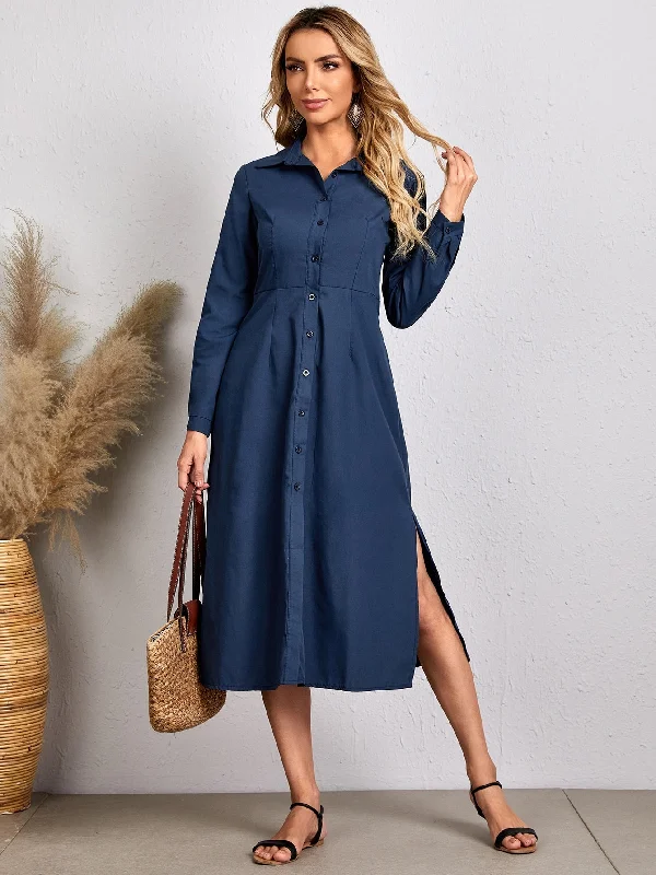 Relaxed Chic Plain Button Front Long Sleeve Collar Slit High Waist Midi Dress