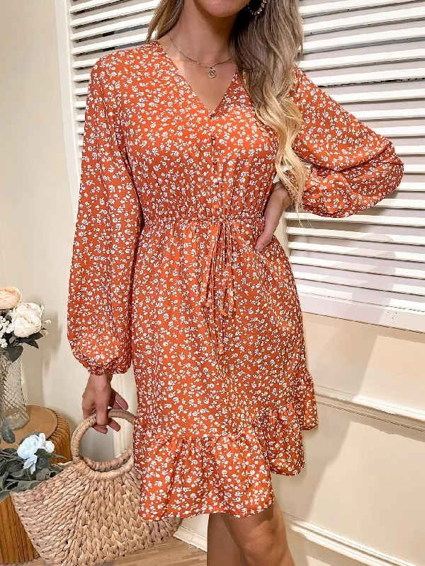 Casual Elegance Ditsy Floral Knot Long Sleeve V Neck Flounce High Waist Short Dress