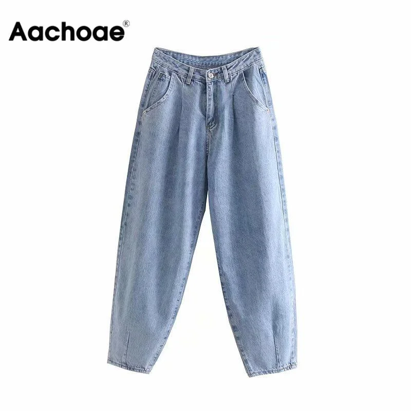 Versatile Items Aachoae Women Blue Harem Jeans Loose mom Jeans High Waist Streetwear Boyfriends Washed Denim Long Trousers Bottoms Slouchy Jeans
