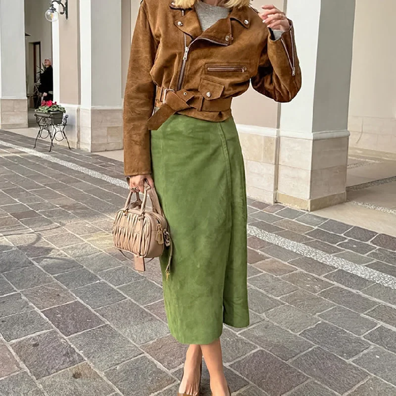 Comfortable Fashion Avocado Green Suede Skirt High Waist Slimming