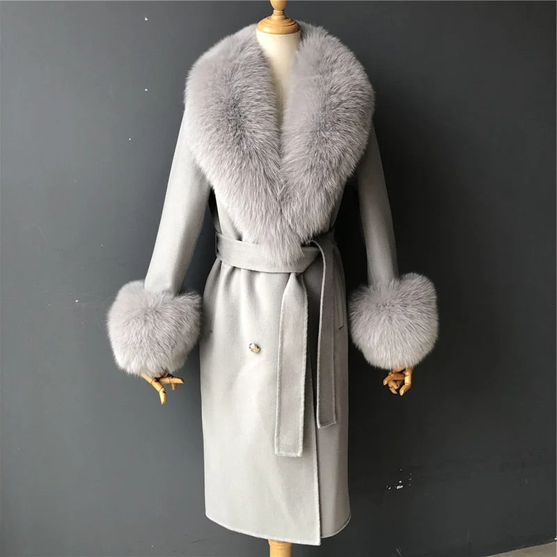 Comfy Dress Women's Light Gray Winter Cashmere Wool Natural Fox Fur Collar Long Jacket