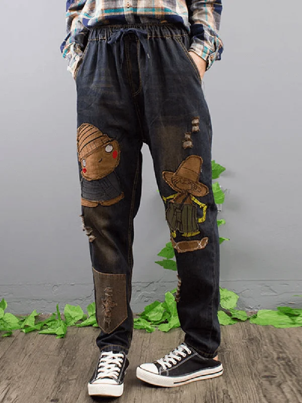 Fashionable And Fashionable Embroidery Patchwork Elastic Waist Denim Jeans