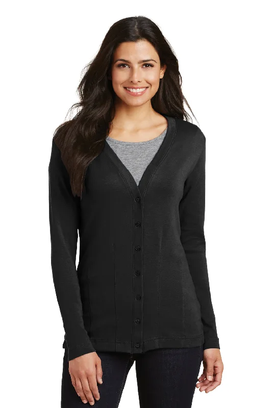 Easygoing Style Port Authority Womens Long Sleeve Cardigan Sweater - Black - Closeout