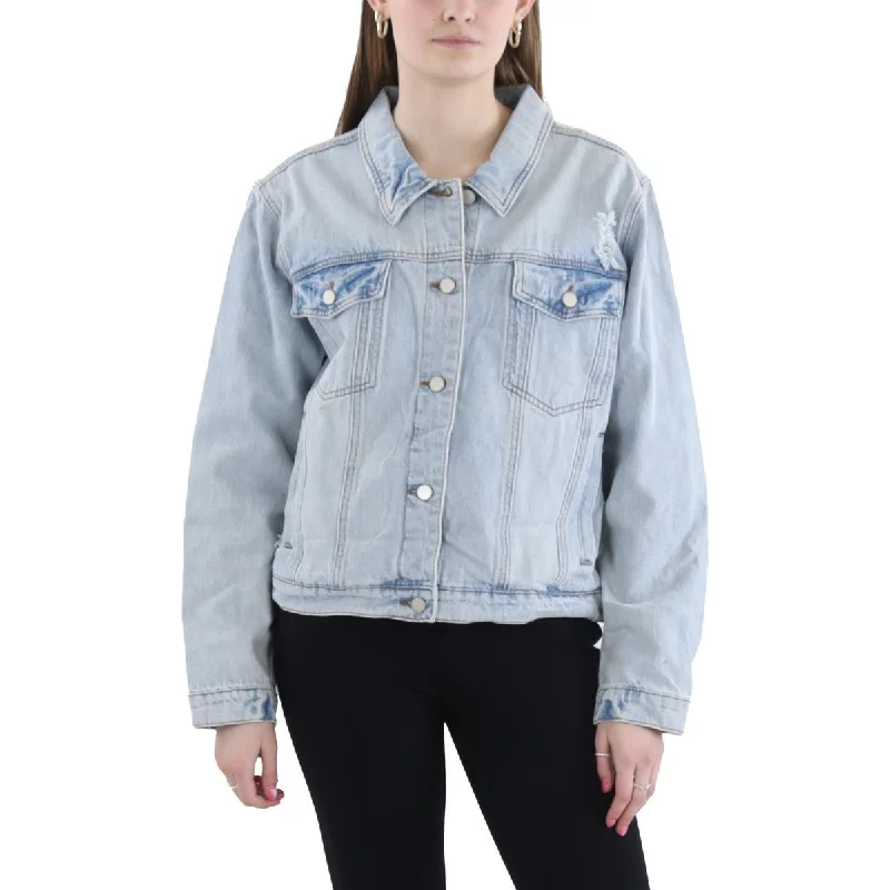 Trendy Layers Aqua Womens Crochet Back Ripped Denim Jacket