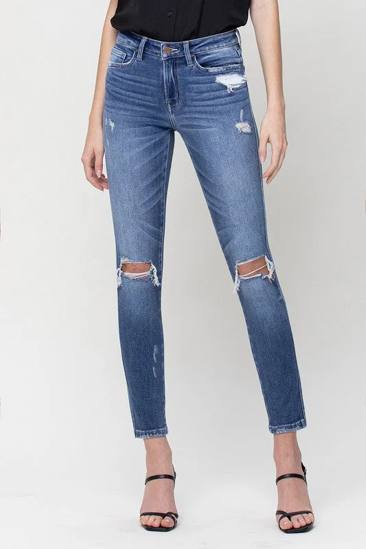 Retro Design Distressed Mid Rise Ankle Skinny