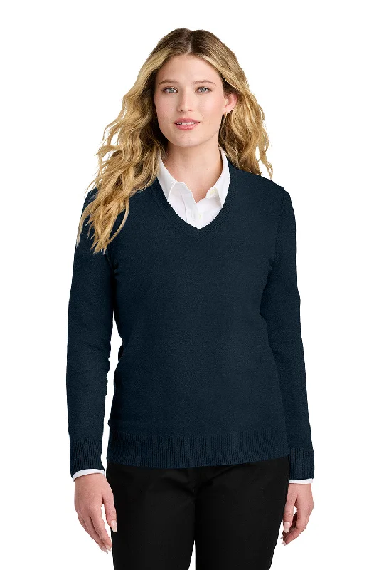 Modern Chic Port Authority Womens Easy Care Long Sleeve V-Neck Sweater - River Navy Blue Modern Chic Port Authority Womens Easy Care Long Sleeve V-Neck Sweater - River Navy Blue
