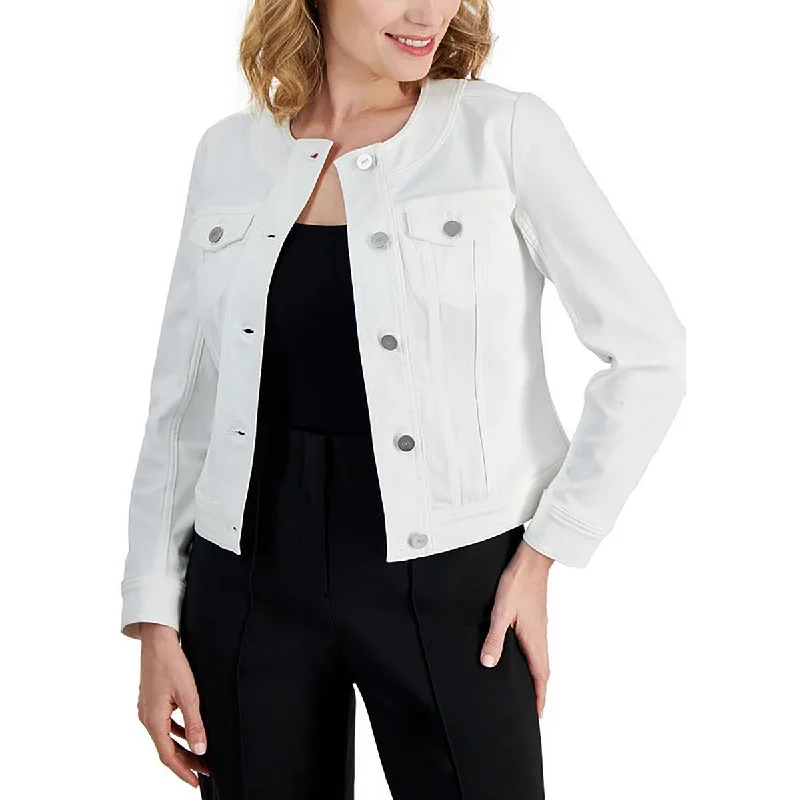 Warm Chic Outfits Jones New York Womens Petites Jewel Neck Crop Denim Jacket