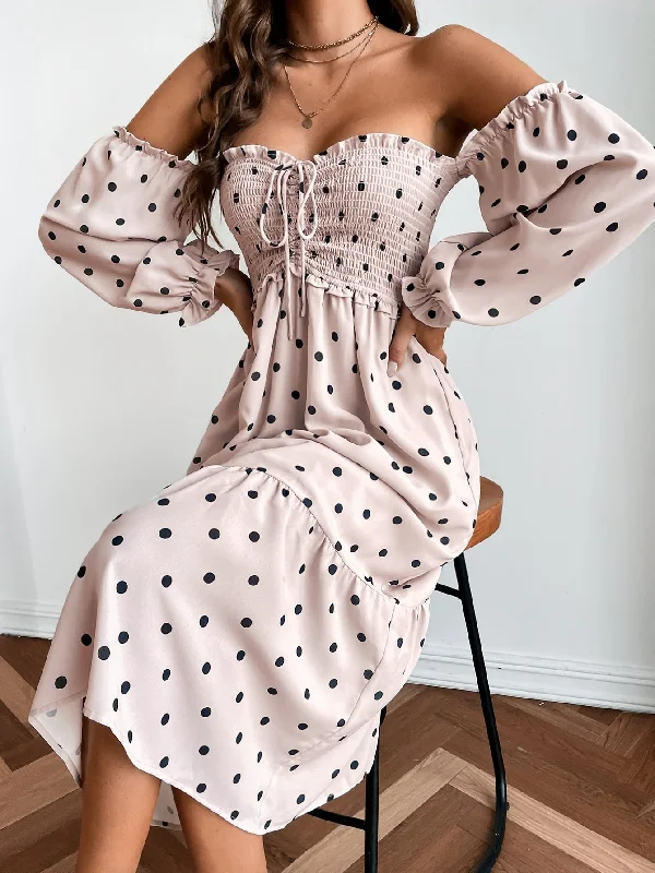 Comfortable Looks Polka Dot Shirred Long Sleeve Off The Shoulder Flounce High Waist Midi Dress Comfortable Looks Polka Dot Shirred Long Sleeve Off The Shoulder Flounce High Waist Midi Dress