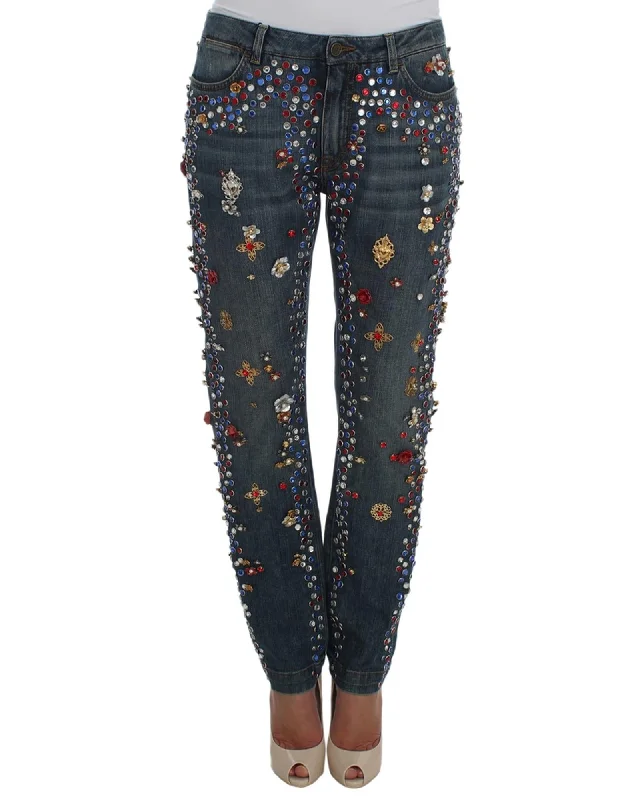 Exquisite Tailoring Blue Wash Crystal Heart Roses Embellished Enchanted Sicily Boyfriend Jeans 38 IT Women