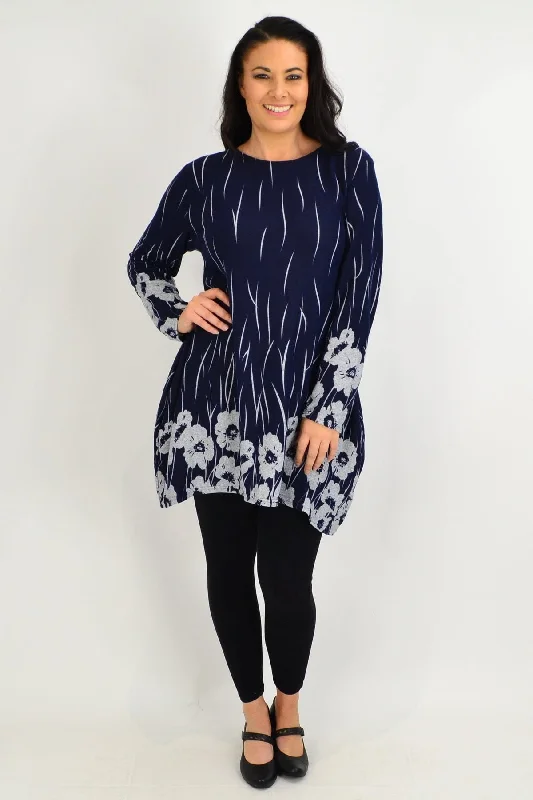 Simple Elegance Navy Grey Poppy Fleece Tunic Top