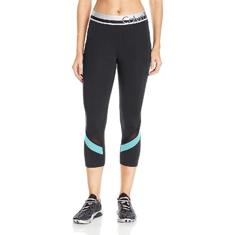 Cool Style Calvin Klein Performance Women's Split Logo Elastic Waistband Colorblock Crop Tight Blue Radiance Combo Size Small - Black