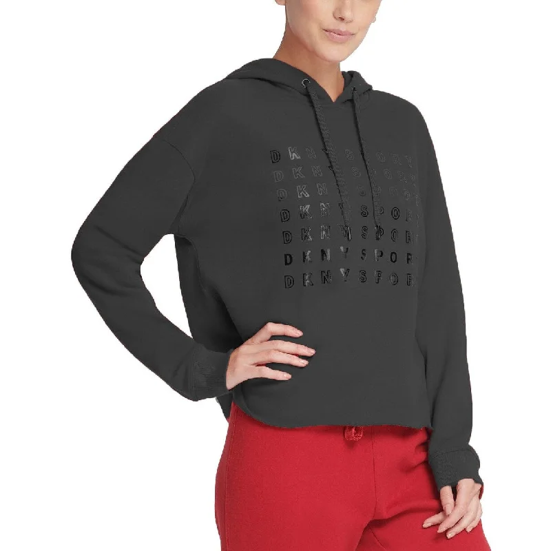Easy Chic Wear DKNY Women's Sport Metallic-Logo Cropped Hoodie Black Size Large
